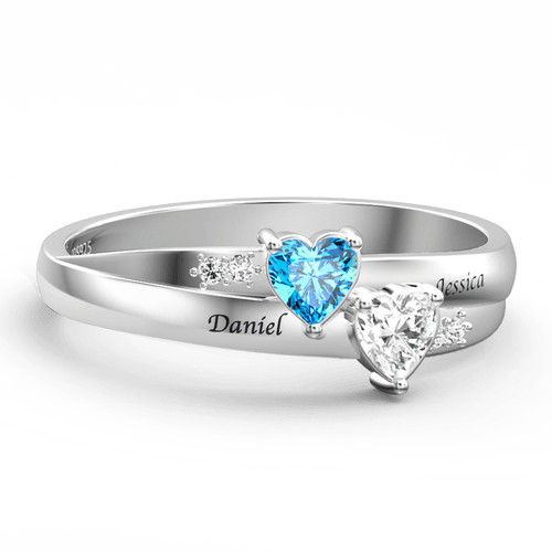 Silver Engraved Promise Ring With Double Heart Birthstone